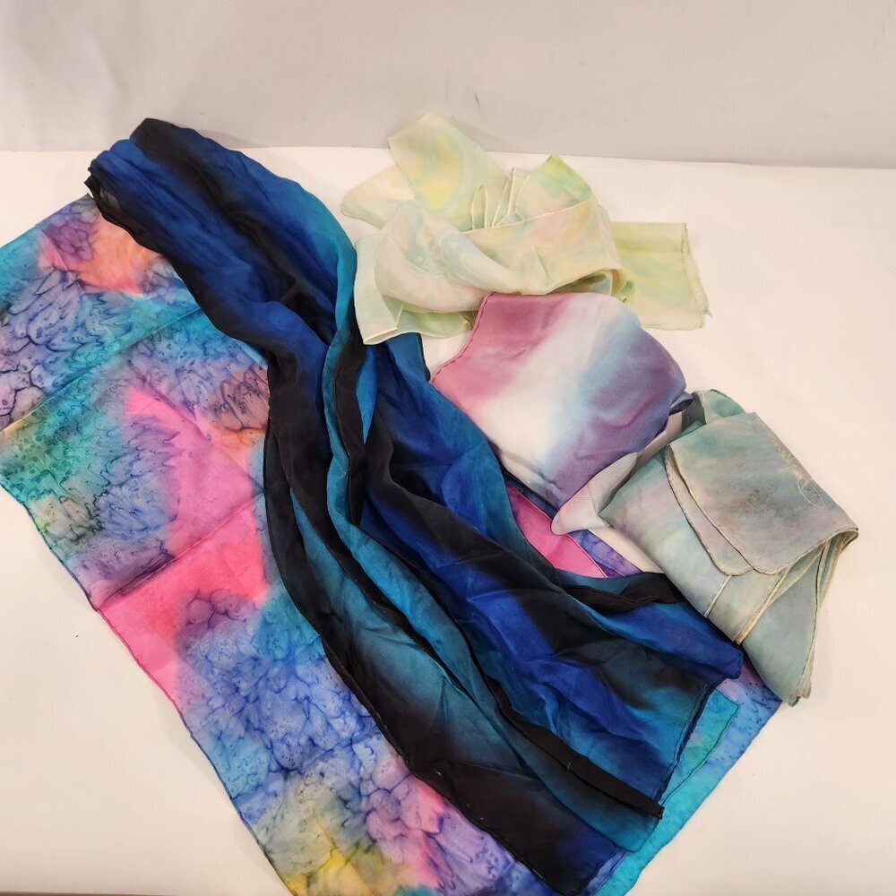 Silk Scarf Lot of 5 Rainbow Blue Artist Signed 10x26" Rectangular Lightweight